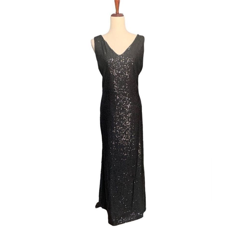Marina Black Sequin Cocktail Sleeveless Maxi Dress | Size 14